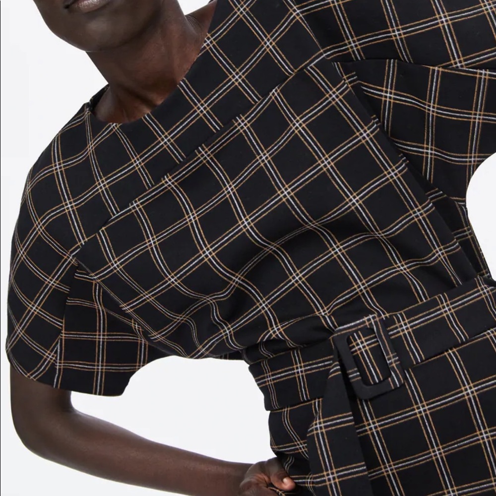 Zara Woman Checked Plaid Belted Top Black Medium